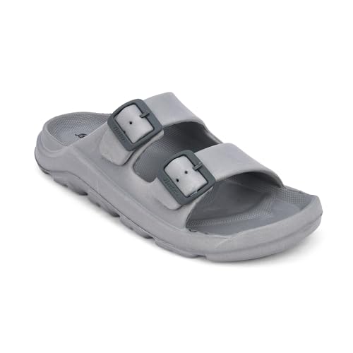 Image of Bata Men's Double Strap Slide Sandals, Grey, EVA Material, Adjustable Buckle, Textured Footbed, Casual Comfort, Open Toe