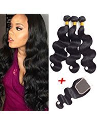 Brazilian Virgin Body Wave 3 Bundles with Closure Free Part Natural Color Grade 10A Virgin Remy Hair Weave with Lace Closure (14"16"18"+12"Closure)