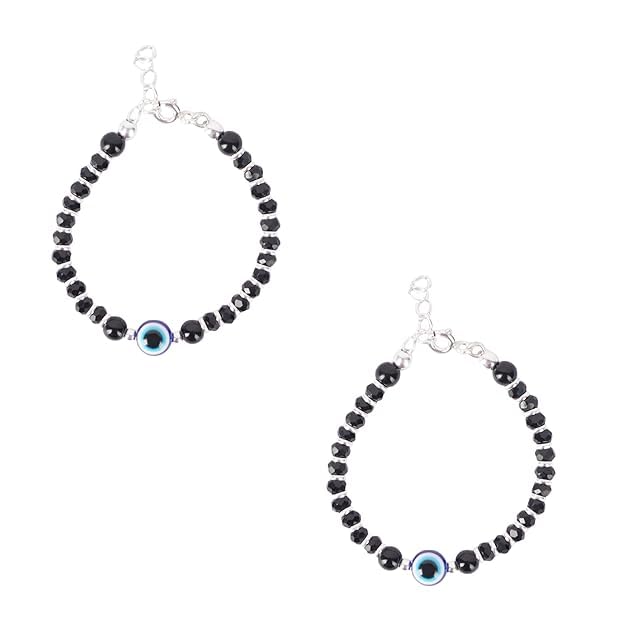 Exclusive 925 Pure Silver Evil Eye Baby Nazariya Bracelets with Black Crystal & Silver Beads for New Born Baby Boys and Girls (4 inch + 1 inch Adjustable)
