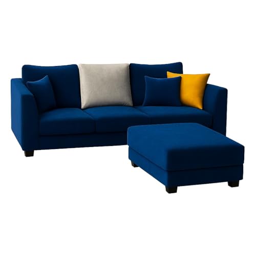 Image of SOCOZI Trevano 4 Seater L Shape Sofa Set with Movable Ottoman | Flexible Left or Right Layout | Soft Velvet Suede Fabric | Modern Design | Plush Comfort Cushions for Living Room (Blue -Light Grey)