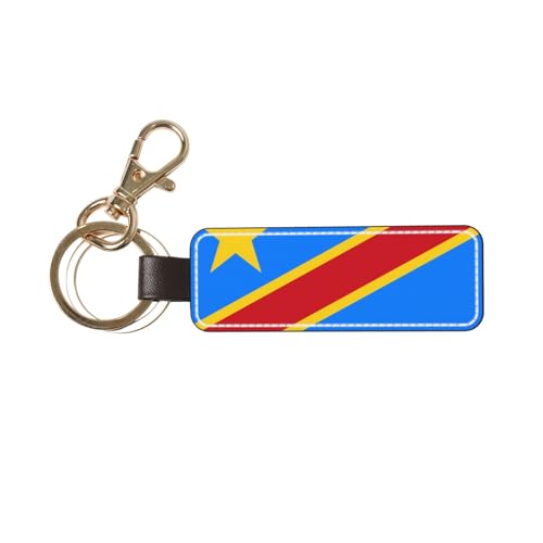 Ninainaid Porte-clés en cuir véritable avec drapeau du Congo, porte-clés de voiture en cuir véritable, support universel pour homme et femme.