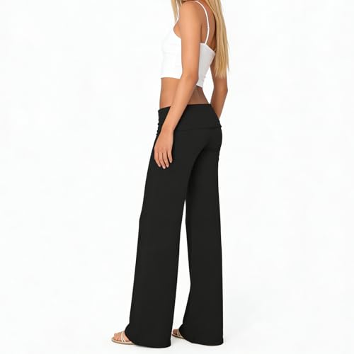 Image of Lounge Yoga Pants for Women Fold Over Low Waist Wide Leg Bell Bottoms | Y2K Foldover Pants, Flare Leggings, Low Rise Yoga Sweatpants