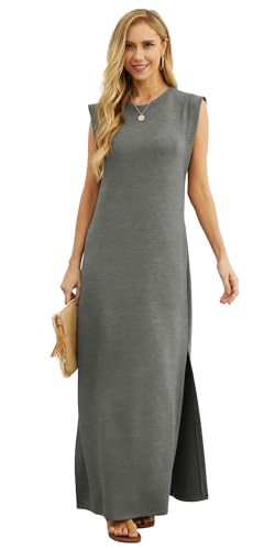 Image of GRECERELLE 2026 Women Year-Round Casual Round Neck Loose Split Wrinkle-Free Long Maxi Vacation Dress with Pockets (XXS-4XL)