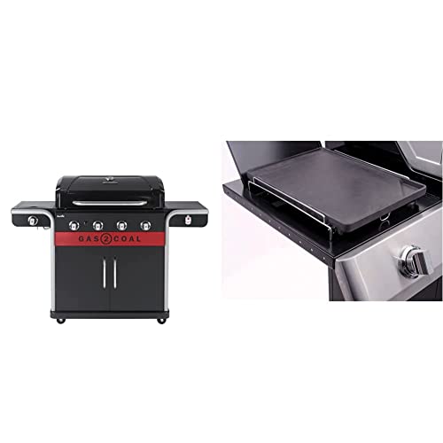 Char-Broil Gas2Coal 440 (2.0) Hybrid Grill - 4 - Brenner Gas & Kohlegrill mit Seitenbrenner, Schwarz & 140 515 - Gussgrillplattenaufsatz für Seitenbrenner alle Char-Broil Modelle.