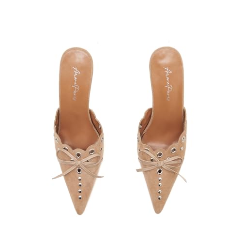 Image of Kitten Heel Mules for Women Bow Tie Suede Stiletto Heels Mule Pointed Toe Studs Slide Heeled Sandal Pumps for Wedding Dress Party
