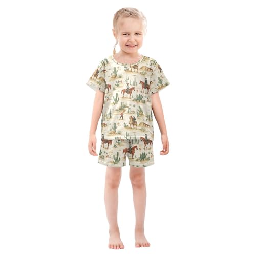 ALAZA Cowboy Cactus Pajamas Set Short Sleeve Cotton Sleepwear Summer Pjs 2 Piece 5-14Y3