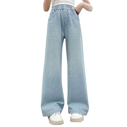 Jeans for Girls Baggy Button Wide Leg Denim Pants Kids Cute Elastic Waist Trousers Casual Trendy Streetwear with Pockets