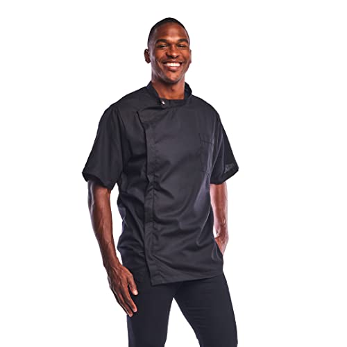 Betty Dain Classic Barber Jacket, Barber Design, Band Collar, Shoulder Snaps, Single Chest Pocket, Concealed Side Zipper Closure, Soft Cotton/Polyester Blend, Machine Washable, Black, Medium/Large