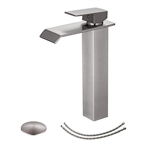 Vessel Sink Faucet Brushed Nickel Bathroom Faucet Waterfall Single Hole One Handle Modern with Pop Up Drain Without Overflow Hoses Brass Contemporary Tall Body Commercial by Bathadore Cover