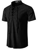 JEMITOP Men's Retro Renaissance Costume Short Sleeve Lace Up Shirts for Pirate Viking Medieval Vampire Halloween Cosplay Clothing Solid Black XXL
