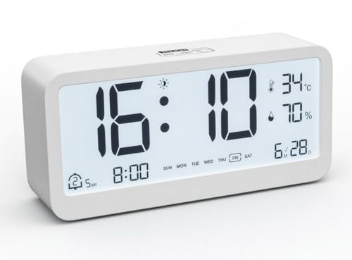 PASIVOLE Reloj Despertador Digital a Pilas con Calendario | Temperatura | Humedad | Pantalla LCD | Doble Alarma | Repetición y Retroiluminación Reloj Pequeño de Sobremesa (Blanco)