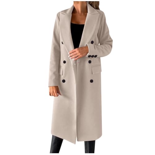 Generisch Damen Peacoat Zweireihig Trenchcoat Lange Jacke Elegant Mantel Einfarbig Winterjacke Modemantel Winterjacke Leicht Übergangsmantel Reverskragen Freizeitjacke (Beige...