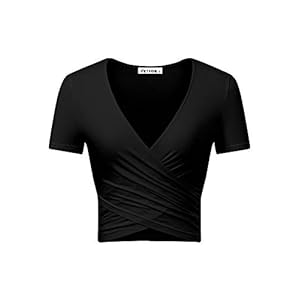 VETIOR-Womens-Deep-V-Neck-Short-Sleeve-Unique-Slim-Fit-Cross-Wrap-Shirts-Crop-Tops VETIOR Going Out Tops Wrap Short Sleeve Sexy Crop Tops for Women Summer Tops for Women 2022 Black Crop Top V Neck M Black