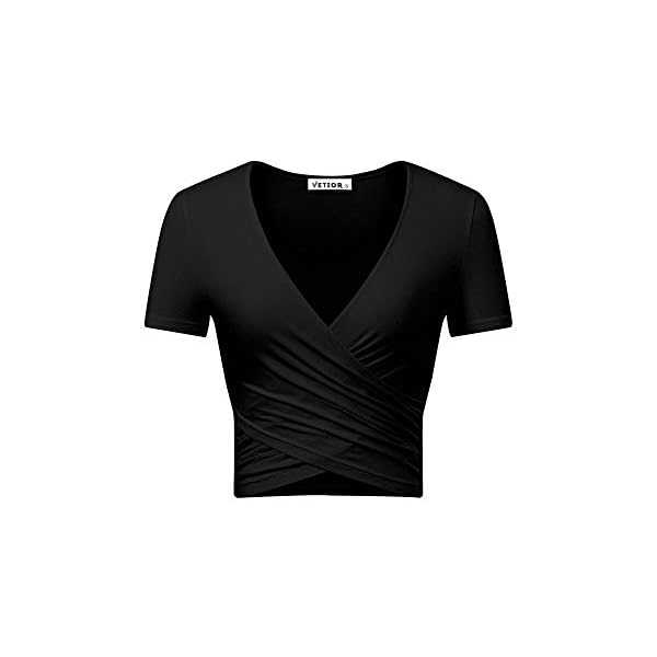 VETIOR-Womens-Deep-V-Neck-Short-Sleeve-Unique-Slim-Fit-Cross-Wrap-Shirts-Crop-Tops VETIOR Going Out Tops Wrap Short Sleeve Sexy Crop Tops for Women Summer Tops for Women 2022 Black Crop Top V Neck M Black
