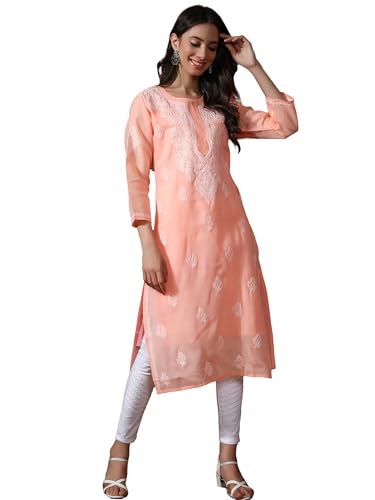 Image of Seva Chikan Hand Embroidered Lucknowi Chikankari Cotton Kurta Kurti for Women SCL4302