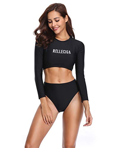 RELLECIGA Women's Black Swim Shirt Rashguard Long Sleeve Crop Top with High Cut High Waisted Bikini Bottom Size Medium