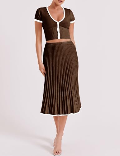 Tanming Women's Two Piece Skirt Set Casual Short Sleeve Crop Top Ribbed Knit Midi Pleated Skirt3