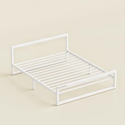 Image of Queen Size Metal Bed Frame | Queen Metal Bed | Queen Iron Bed | QueenSize Steel Bed | Heavy Duty Platform Bed | Wrought Iron Bed | Double Bed Cot | Steel Slats | No Box Spring Needed |White