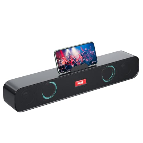 HI-PLANX Speakers with Phone Holder,Stereo Sound Bar Laptop Speaker for Desktop/Laptop/PC/Pad/Cellphone, Colorful Gradient Lighting Soundbar, USB Desktop Speaker Plug and Play