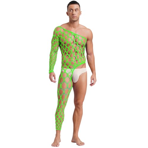 dPois Herren Fischnetz Body Sexy Bodystocking Jumpsuit mit Strass Netzbody Overall Unterwäsche Dessous Nachtwäsche Elastisch Neon Grün...