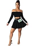 Skirt Sets Women 2 Piece Outfits Off Shoulder Crop Top and Mini Skater Skirt Sexy Two Piece Dress Suit Set Black S