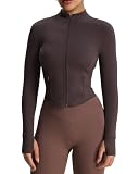 Aoxjox Women's Geo Full Zip Velura Jacket Workout Buttery Soft PlushFlex™ Long Sleeve Thumbhole with Pocket Cardigan (Mulch, Medium)