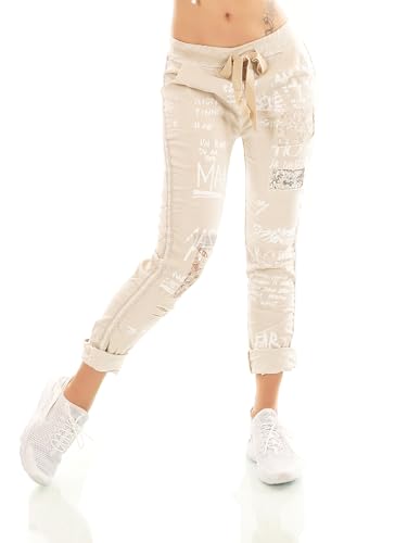 Jogging baggy beige pour femme avec bandes latérales et empiècement crochet taille unique 36-40