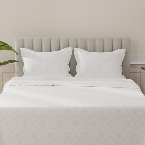 Image of Layers 100% Cotton Bedsheet for King Size Bed | Lumina Floret Collection | 144 TC Soft & Breathable | Printed with 2 Pillow Covers | Wrinkle Free & Colorfast | 3 Piece Bedding Set - White & Grey