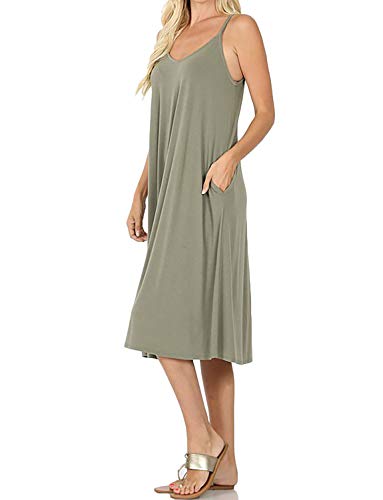 Image of ALLLA Women's Lightweight Flowy Summer Dress - Adjustable Strap Knee Length Dress with Side Pockets. Casual, Beachwear