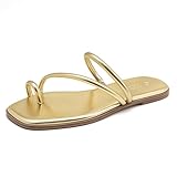 Rihero Women's Slide Sandals Strappy Beach Thong Flat Sandals Square Toe Comfortable Dressy Summer Slip On Flip Flops Gold Size 9