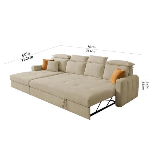 Image of Casaliving Gagnon LHS 6 Seater L Shape Corner Sofa Cum Bed for Living Room (Cream Fabric) Premium Fabric Sofa