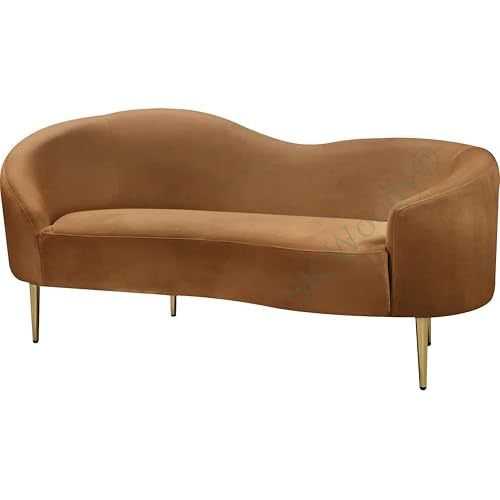 Image of Rosewood Luxury Curved Sofa in Premium Velvet-Fabric | Solid Wood Structure | High Density Foam | Sturdy Golden Legs | Comfortable & Stylish Couch for Modern Living Room (Saddle, 2 Seater)