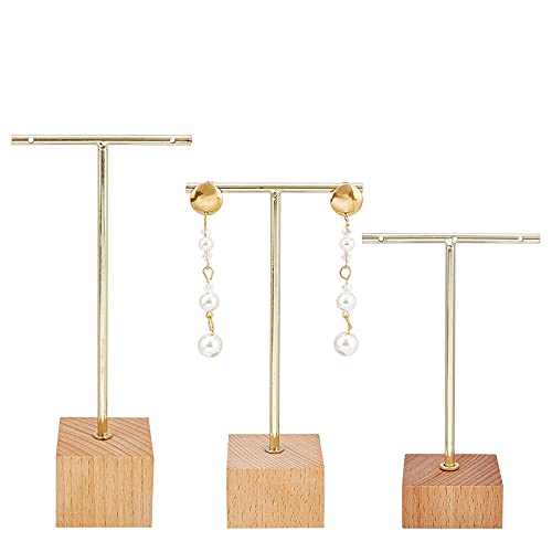 FINGERINSPIRE Goud Metaal 3 Stks T Bar Oorbel Display Stand met Houten Basis Sieraden Houders Opknoping Sieraden Organizer voor Winkel Retail Fotografie Props 【Goud- Vierkante Base,159mm & 139mm & 114mm Hoogte 】