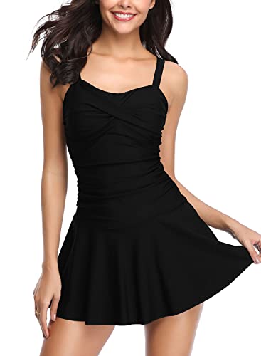 SHEKINI Women's Crossover Ruched Skirt One Piece Swimdress Swimsuit Bathing Suit