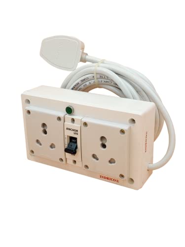 Image of INDRICO 16A Electric Multi Outlet Extension Board Box with MCB for Heavy Duty PVC White Pack of 1 (1.5 MM 2000 Watts, 2 Meter Cable)