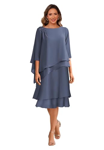 Tea Length Mother of The Bride Dresses for Wedding Scoop Neck 3/4 Sleeves Chiffon Ruffles Formal Evening Dress MDA003