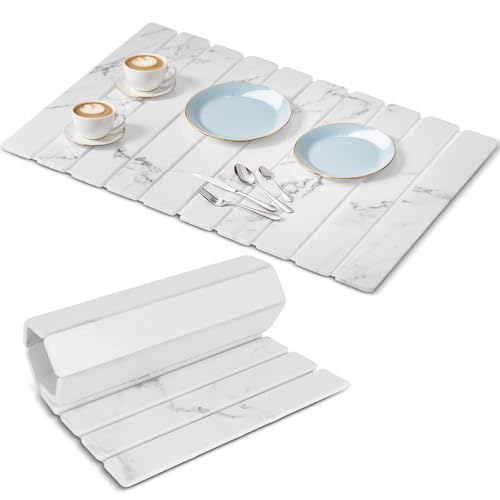 Large Stone Dish Drying Mat for Kitchen Counter, Premium Diatomaceous Earth Coaster Set for Dishes with Free Drainer Rack| Non-Slip Kitchen Sink Mat | Fast-Absorbing, Eco-Friendly (24x16 Inch, Ivory)