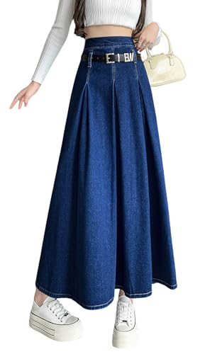 ebossy Women's Belted High Waist Zipper Pleats A-Line Flare Maxi Long Denim Jean Skirts
