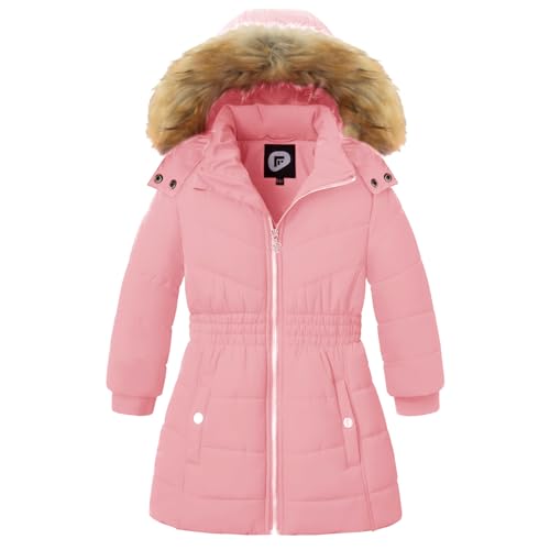 Image of Garemcy Girls Winter Coat Long Warm Waterproof Fleece Lined Puffer Jacket With Detachable Hood & Fur Trim Pink 7-8Y