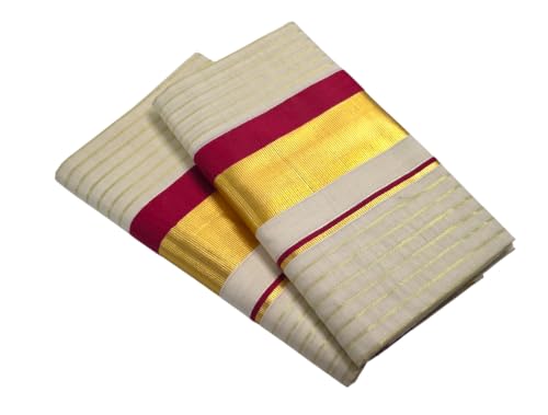 Image of Womens Kuthampully Set Mundu With Golden & Stripes Kara