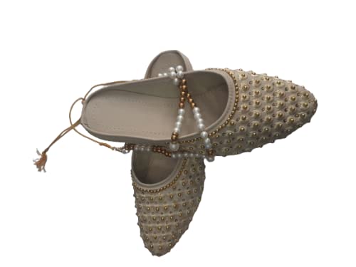 Nishka Creations Womens Colors Beads Fabric Bite and Pinch Free Punjabi Wedding Flat Stylish Mojari Bridal Ethnic Flats Jutti for Girls