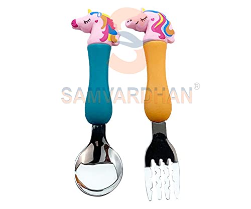 Image of Samvardhan Stainless Steel Unicorn Tableware Set Cutlery Unicorn Spoon and Fork Set for Babies Set of 4 Includes 2 Forks 2 Spoons