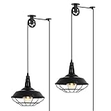KIGHSIN Farmhouse Black Metal Wire Cage Plug in Pulley Pendant Lights with 19.4ft Adjustable Cord On/Off Switch, Industrial Vintage Barn Hanging Ceiling Light for Kitchen Island Hallway Foyer (2 Pack)