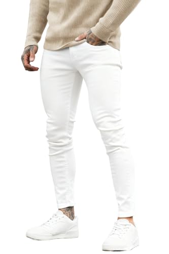 GINGTTO Jeans Homme Stylé Skinny fit Stretch Slim pour Hommes Pantalon Denim Jean Blanc 32W/30L