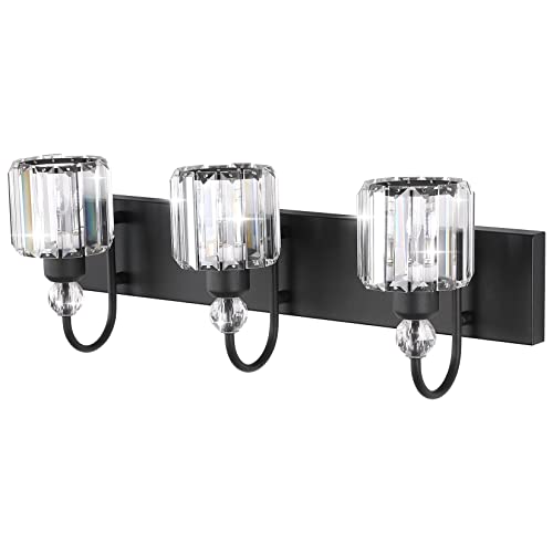 Image of Ralbay Modern Crystal Vanity Light 3-Lights Modern Crystal Vanity Lights for Bathroom Matte Black Crystal Bath Wall Light Fixtures Modern Black Crystal Bathroom Light Fixtures