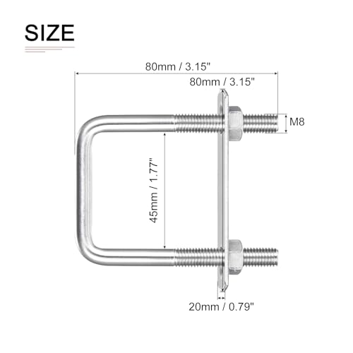 Image of DTGN M8x45x80mm(ThreadxWxL) Square U Bolt - 2Pack - Good for Trailer Pipe Replacement Parts - 304 Stainless Steel U Shape Bolts
