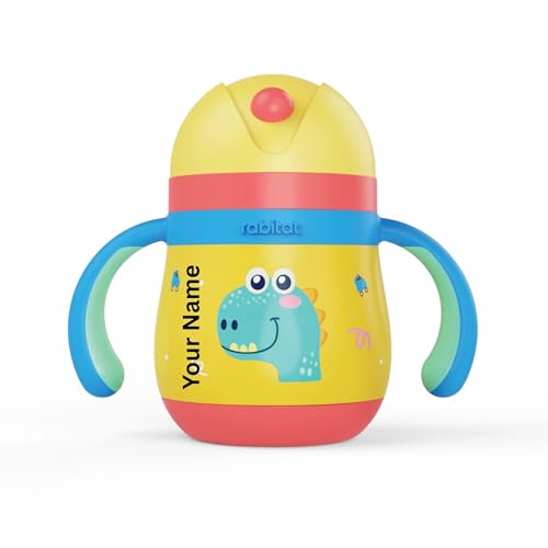 Image of rabitat Gravity EasyFlow Personalized Stainless Steel Sippy Cup 390 ml | 2 Years Brand Warranty | Leak Proof | BPA Free Soft Silicone Straw | Sippy Cup for Kids with Weighted Straw, Dino Dash