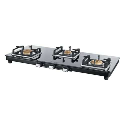 Image of USHA Ebony Slim 3 burner (EBSL3SGC) with stainless steel body, glass cooktop, large space for parallel cooking, square pan support and integrated drip tray