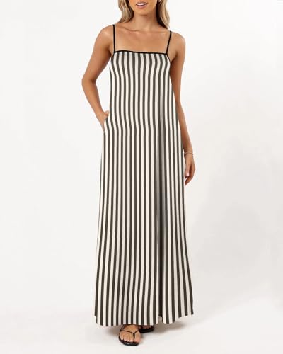 Image of Senllen Women's Linen Dress Summer Loose Flowy Sundress Contrast Spaghetti Strap Sleeveless Backless Beach Maxi Long Dresses