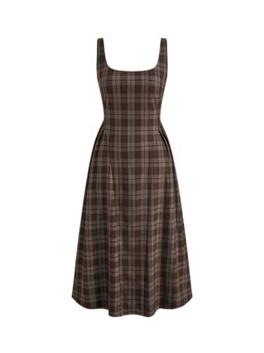 CIDER Plaid Women Maxi Dress Square Neck Sleeveless Pleated Mid Waist Casual Party Dress